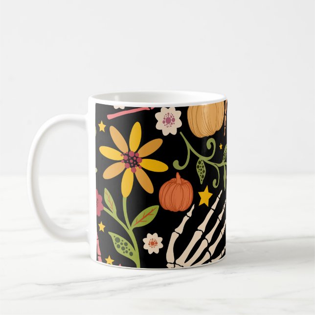 Halloween bones, floral seamless pattern. coffee mug (Left)