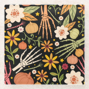 Halloween bones, floral seamless pattern. glass coaster