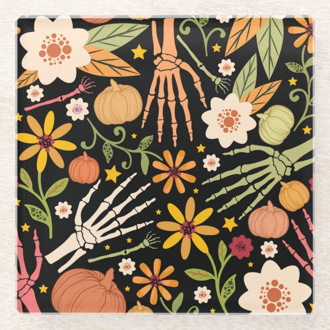 Halloween bones, floral seamless pattern. glass coaster (Front)