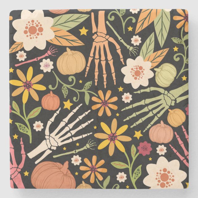Halloween bones, floral seamless pattern. stone coaster (Front)