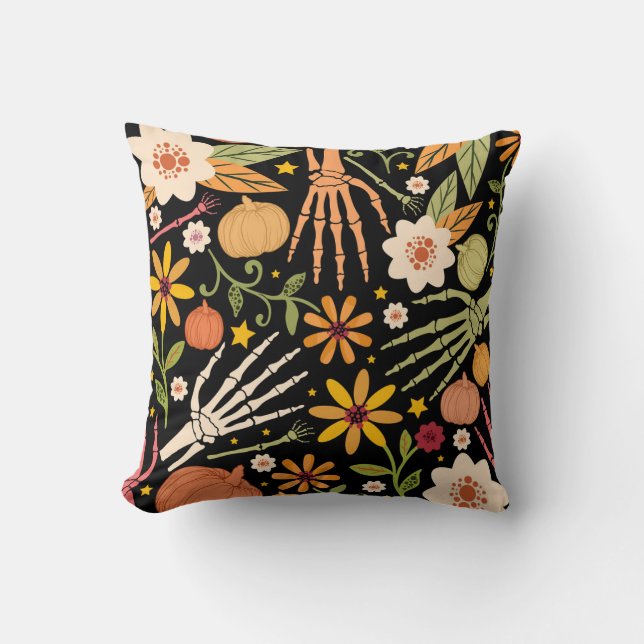 Halloween bones, floral seamless pattern. throw pillow (Front)