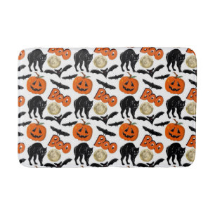 Halloween Boo Bats Cat Pumpkin And Moon Drawing Bath Mat