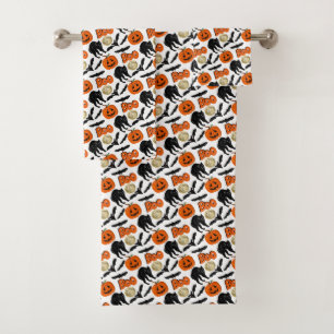 Halloween Boo Bats Cat Pumpkin And Moon Drawing Bath Towel Set