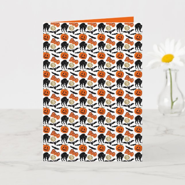 Halloween Boo Bats Cat Pumpkin And Moon Drawing Card (Small Plant)