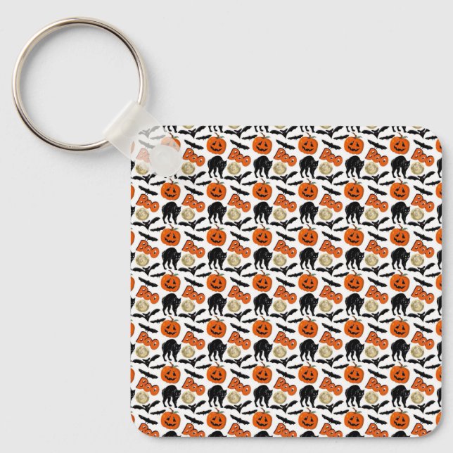 Halloween Boo Bats Cat Pumpkin And Moon Drawing Keychain (Front)