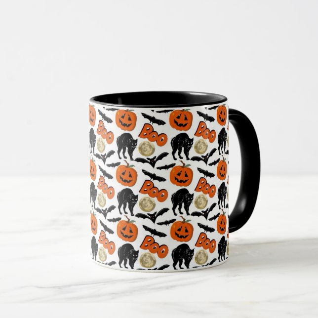Halloween Boo Bats Cat Pumpkin And Moon Drawing Mug (Front Right)