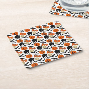 Halloween Boo Bats Cat Pumpkin And Moon Drawing Square Paper Coaster