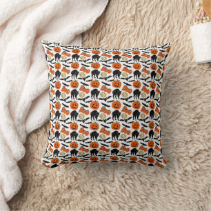 Halloween Boo Bats Cat Pumpkin And Moon Drawing Throw Pillow