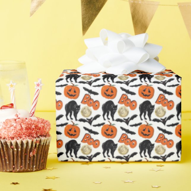 Halloween Boo Bats Cat Pumpkin And Moon Drawing Wrapping Paper (Birthday Party)