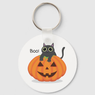 Halloween boo black cat on pumpkin jack o lantern  keychain
