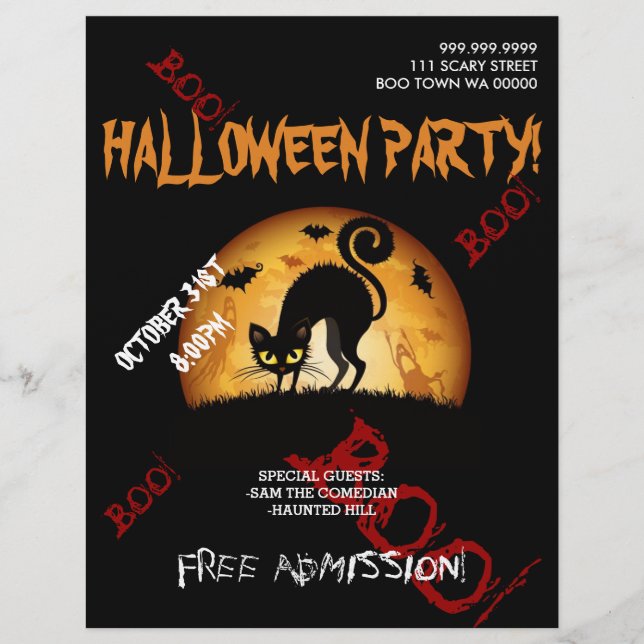 Halloween Boo Cat Bats Party Announcement Flyer (Front)