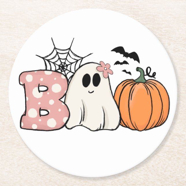 Halloween Boo Ghost Pumpkin Bats Cobweb Round Paper Coaster (Front)