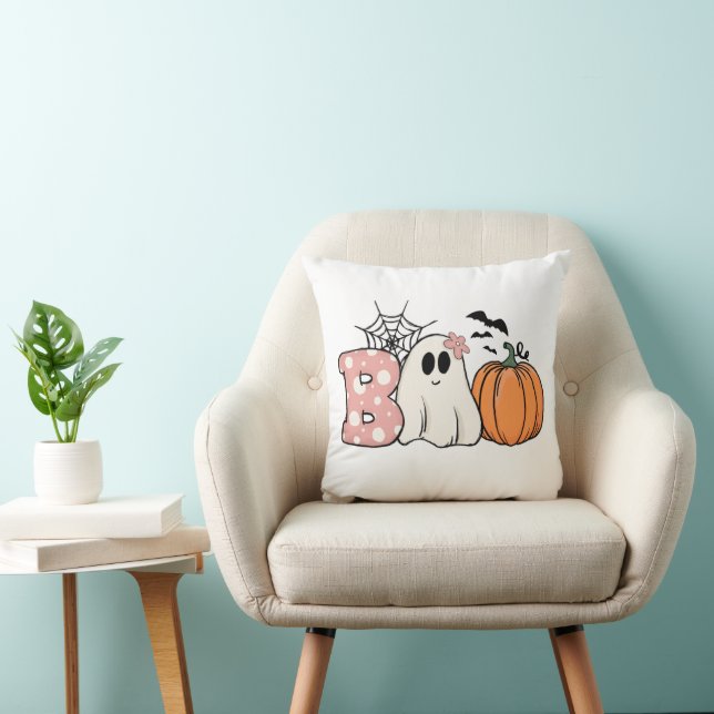 Halloween Boo Ghost Pumpkin Bats Cobweb Throw Pillow (Chair)