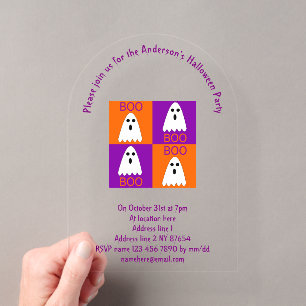 Halloween Boo Ghost Purple and Orange Squares Acrylic Invitations