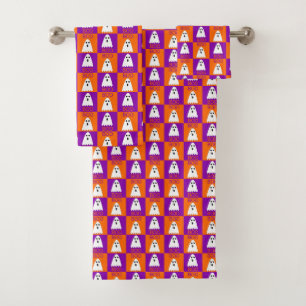 Halloween Boo Ghost Purple and Orange Squares Bath Towel Set