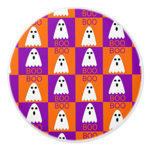 Halloween Boo Ghost Purple and Orange Squares Ceramic Knob