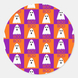 Halloween Boo Ghost Purple and Orange Squares Classic Round Sticker