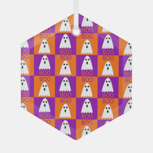 Halloween Boo Ghost Purple and Orange Squares Glass Ornament