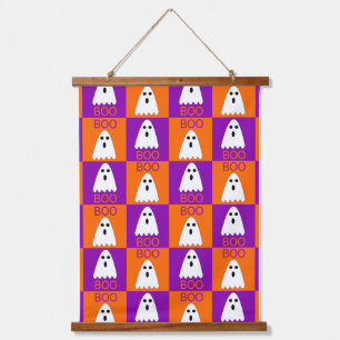 Halloween Boo Ghost Purple and Orange Squares Hanging Tapestry
