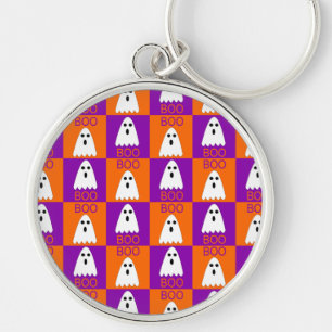 Halloween Boo Ghost Purple and Orange Squares Keychain
