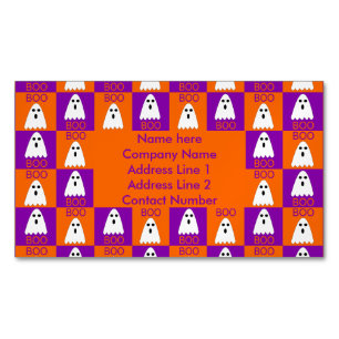 Halloween Boo Ghost Purple and Orange Squares Magnetic Business Card