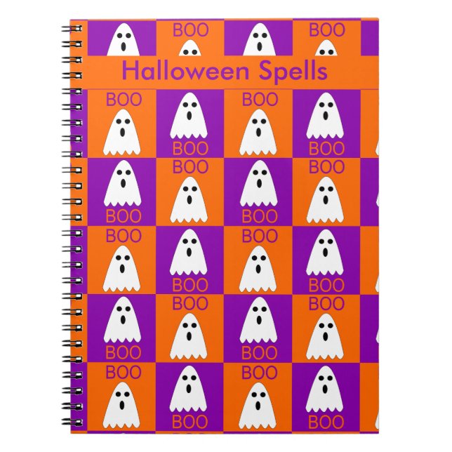 Halloween Boo Ghost Purple and Orange Squares Notebook (Front)
