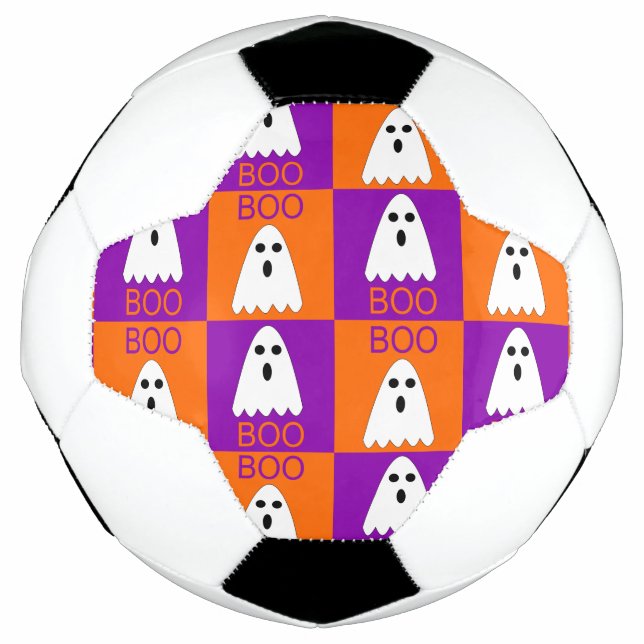 Halloween Boo Ghost Purple and Orange Squares Soccer Ball (Front)