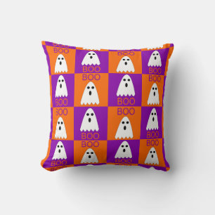 Halloween Boo Ghost Purple and Orange Squares Throw Pillow