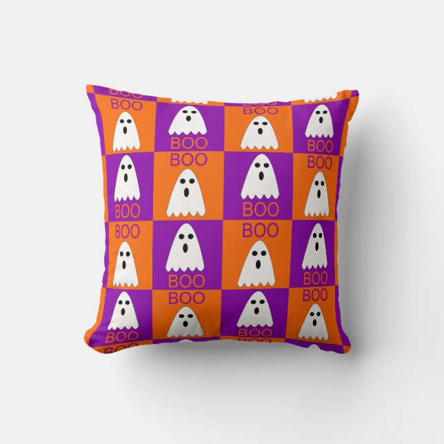 Halloween Boo Ghost Purple and Orange Squares Throw Pillow (Front)