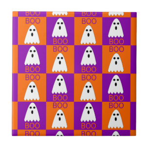 Halloween Boo Ghost Purple and Orange Squares Tile