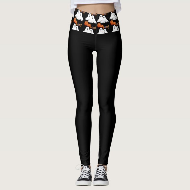 Halloween BOO / Holiday Ghosts Black Leggings (Front)