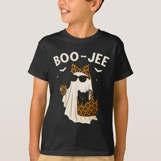 Halloween Boo Jee Cute Leopard Ghost Coffee Boujee T-Shirt (Front)