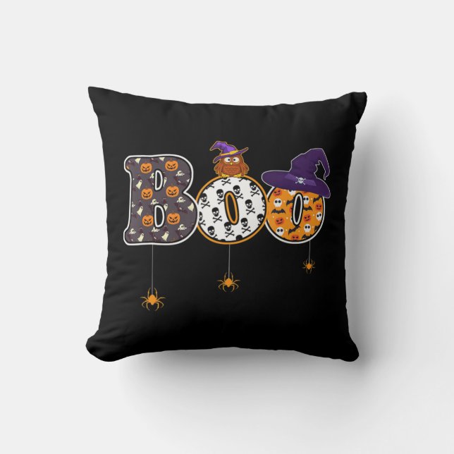 Halloween Boo Owl With Witch Hat Spider Halloween  Throw Pillow (Front)