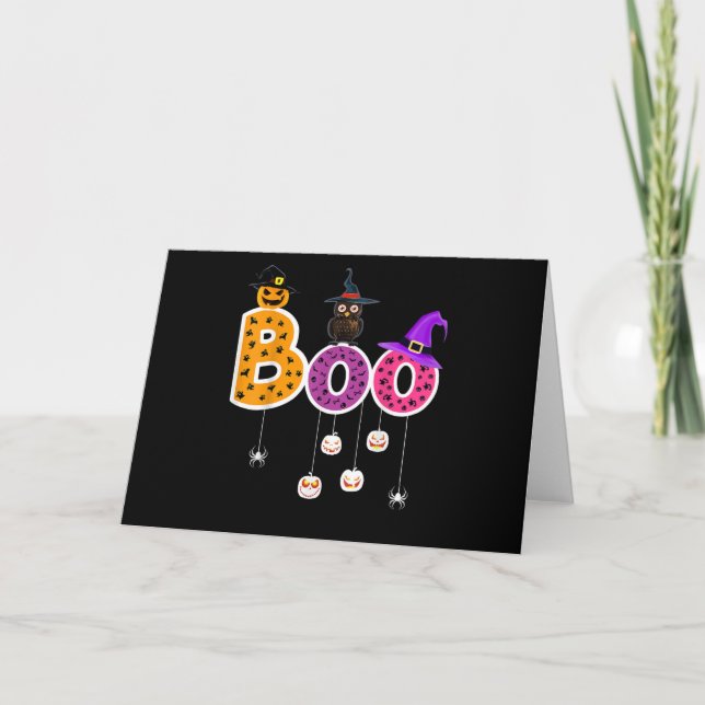Halloween Boo Owl With Witch Hat Spiders Boys Girl Card (Front)