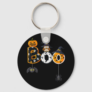 Halloween Boo Owl With Witch Hat Spiders Keychain