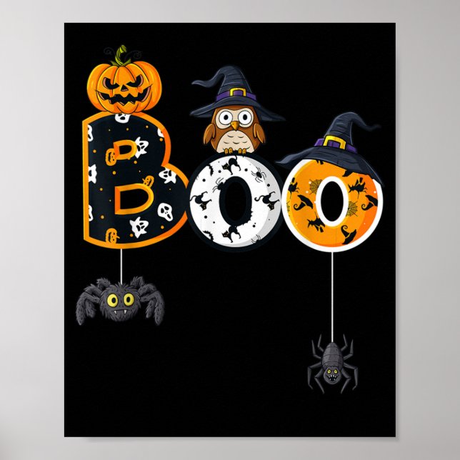 Halloween Boo Owl With Witch Hat Spiders Poster (Front)