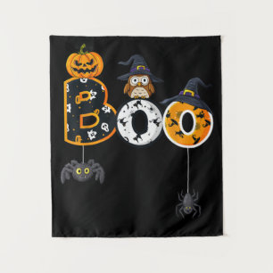 Halloween Boo Owl With Witch Hat Spiders Tapestry
