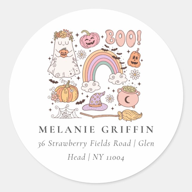 Halloween Boo! Retro Ghosts Design Address Classic Round Sticker (Front)