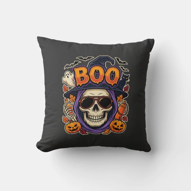 Halloween Boo Skull Sunglasses Vector Throw Pillow (Front)