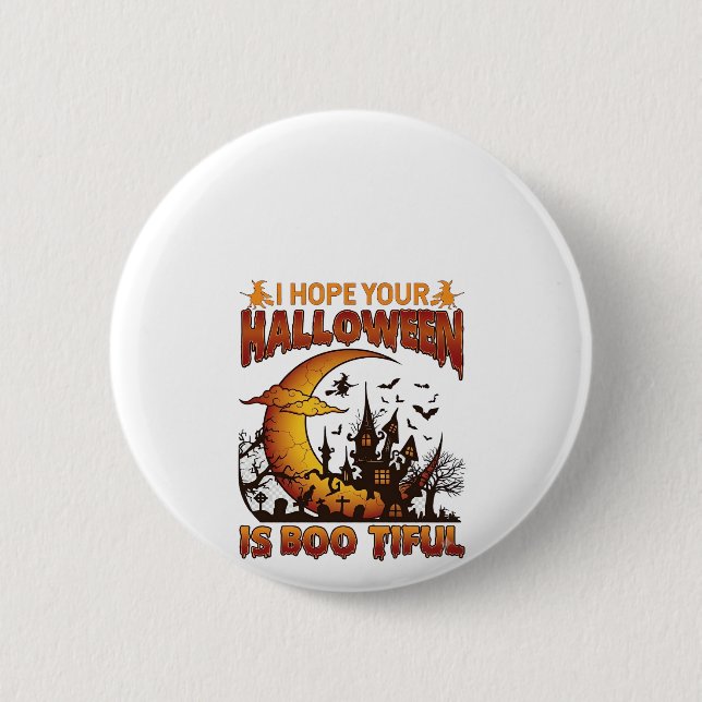 Halloween Boo Tiful Haunted House Crescent Moon Ba 2 Inch Round Button (Front)