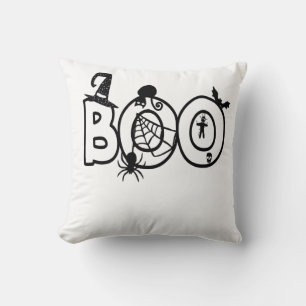 Halloween Boo with Witches Hat Black Cat Spider Throw Pillow