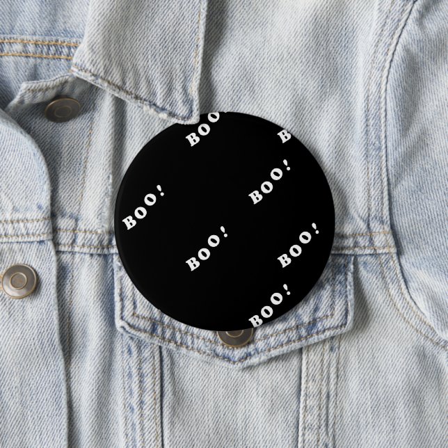 Halloween boo words on black 4 inch round button (In Situ)