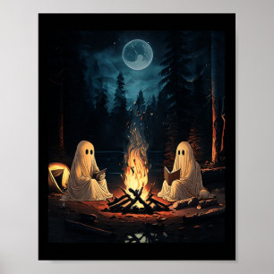 Halloween Book Reading Ghost Forest Camping Vintag Poster