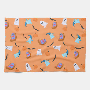 Halloween Bookish Ghost Pumpkin Pattern Kitchen Towel