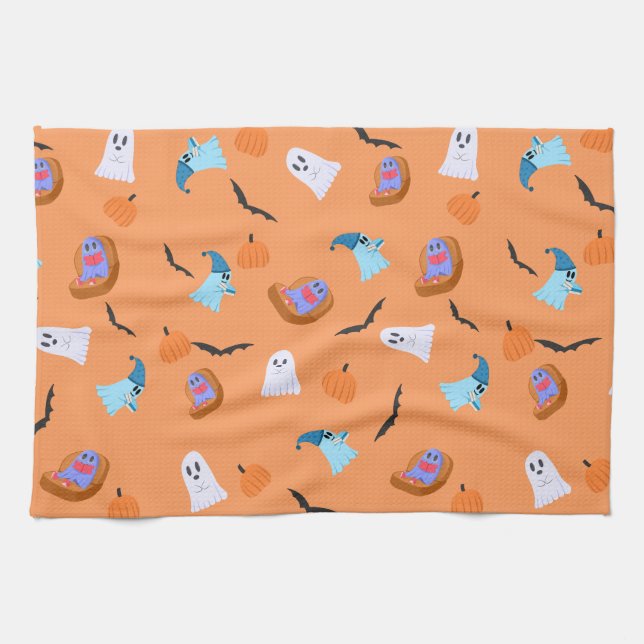 Halloween Bookish Ghost Pumpkin Pattern Kitchen Towel (Horizontal)