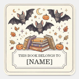 Halloween Bookplate for Kids, Personalized Bat Square Sticker