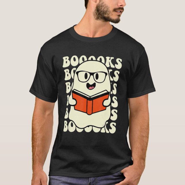 Halloween Booooks Cute Ghost Boo Reading Books Adu T-Shirt (Front)