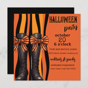 Halloween Boots and Bows in Orange and Black Party Invitation