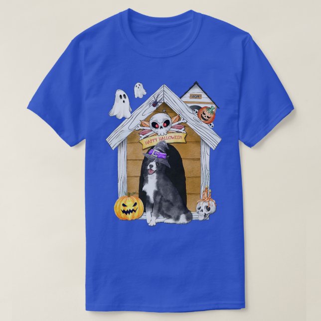Halloween Border Collie Dog Witch Haunted House  T-Shirt (Design Front)