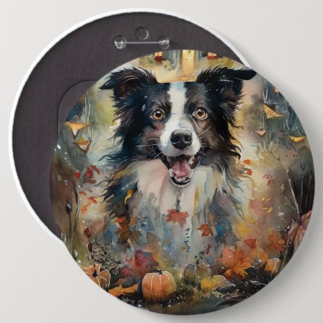 Halloween Border Collie With Pumpkins Scary 6 Inch Round Button (Front & Back)